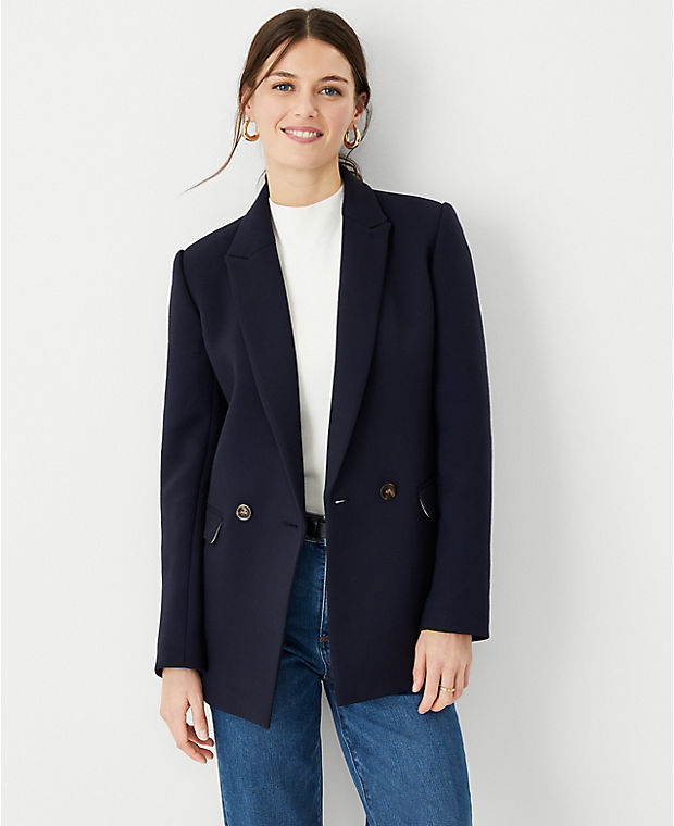 The Petite Relaxed Double Breasted Long Blazer in Twill