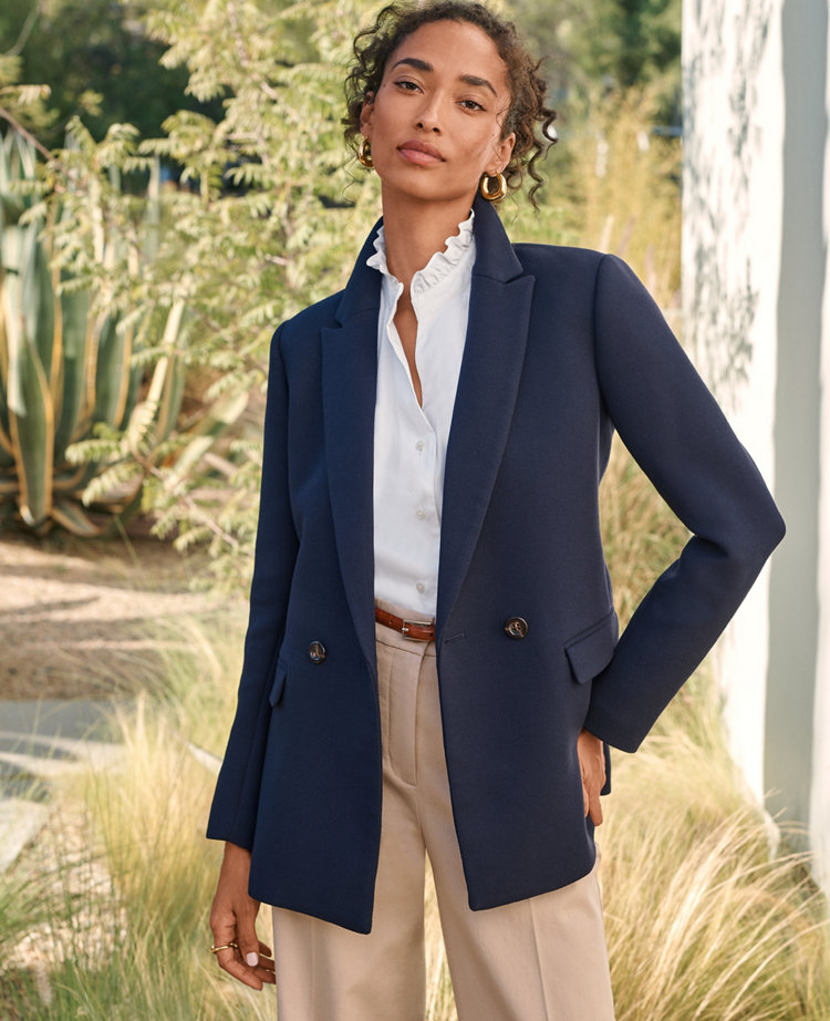 The Petite Relaxed Double Breasted Long Blazer in Twill