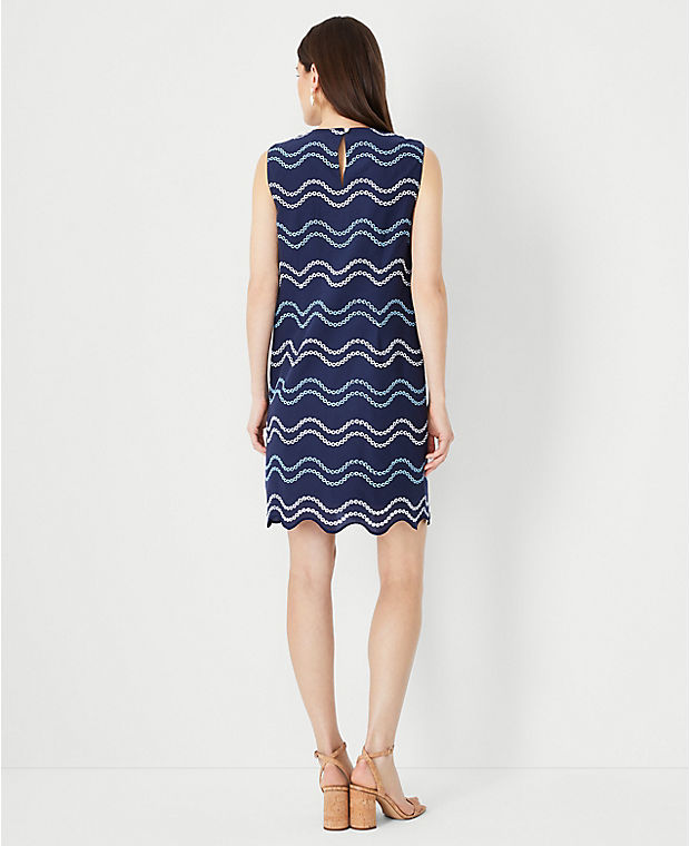 Wave Embroidered Scalloped Shift Dress