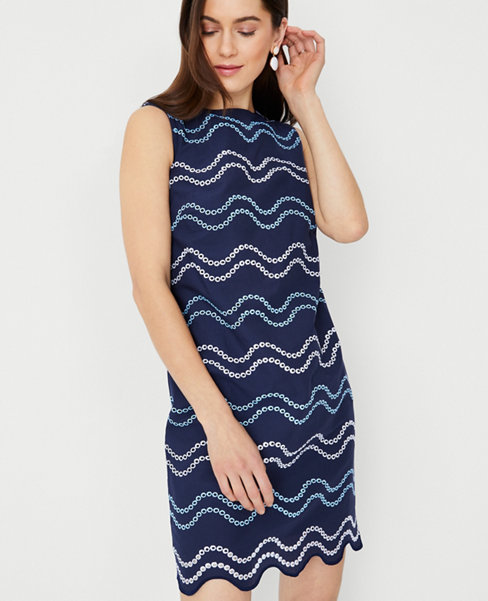 Wave Embroidered Scalloped Shift Dress