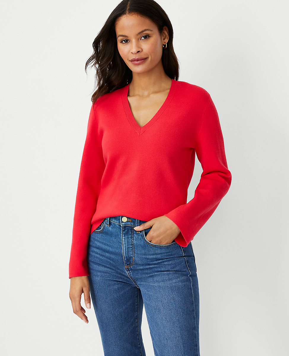 Petite V-Neck Flare Sleeve Sweater