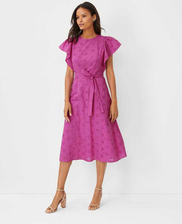 Eyelet Flutter Sleeve Midi Dress