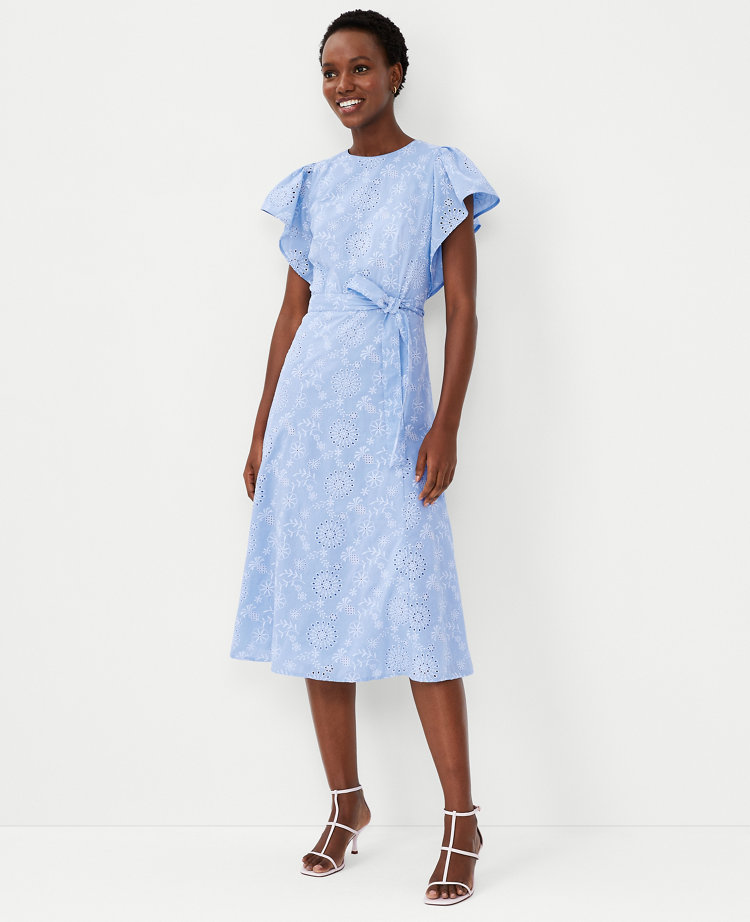 Ann Taylor Eyelet Flutter Sleeve Belted Midi Dress In Serenity | ModeSens