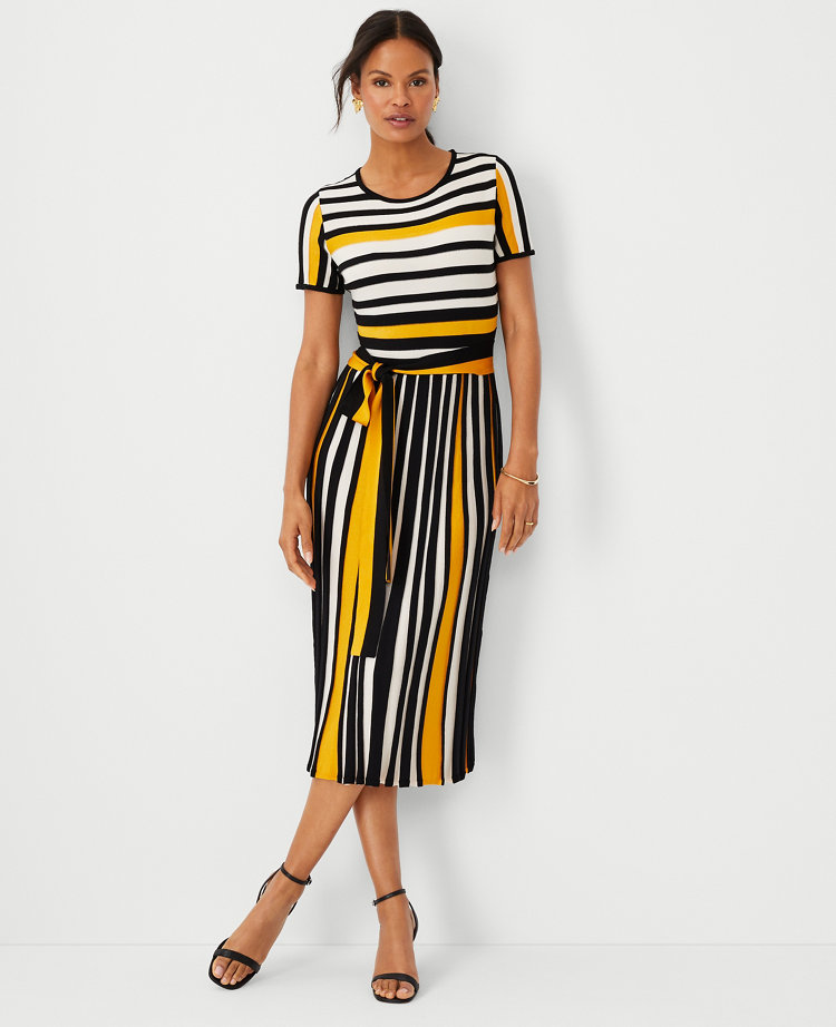 White Striped Sheath/Column Maxi Wool Sweater Dress With Belt main image 1