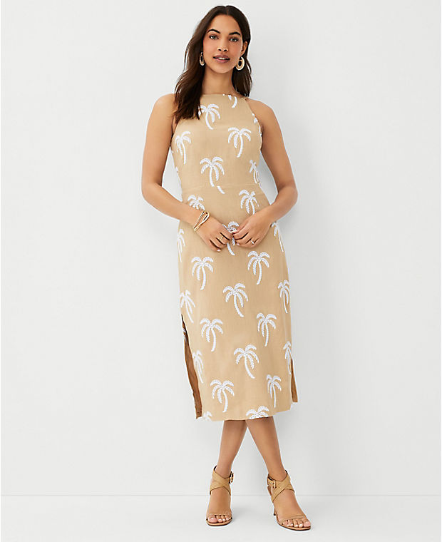 Palm Embroidered Halter Flare Dress