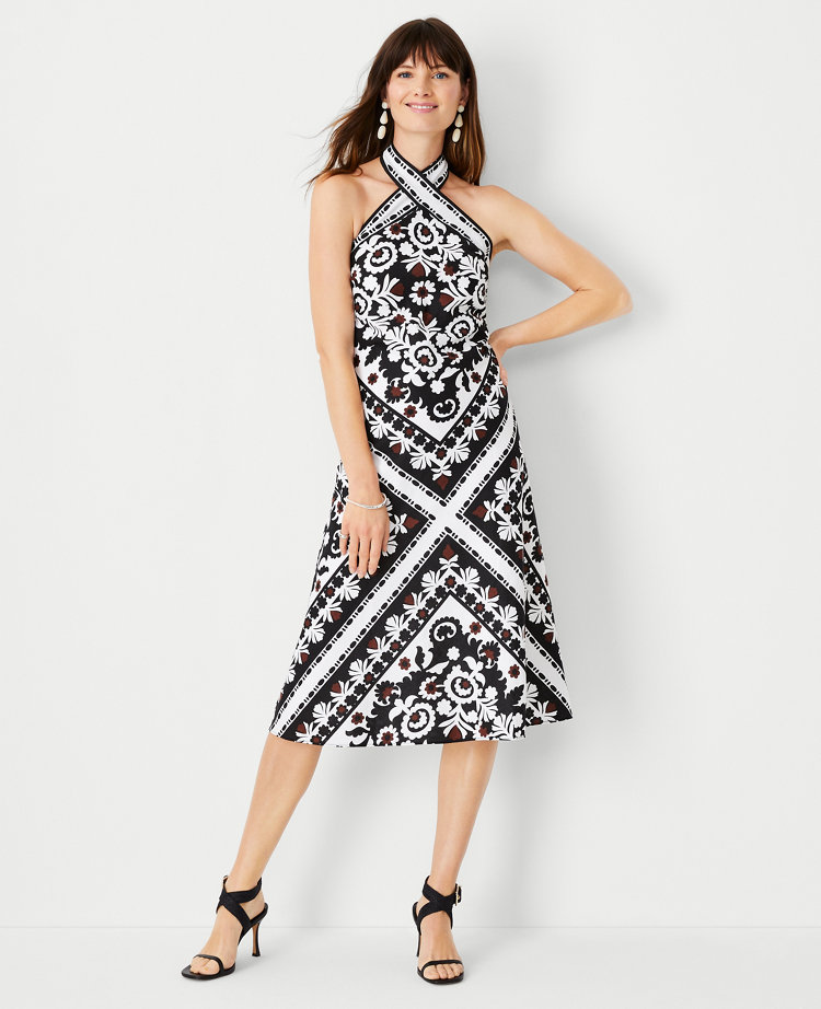 LINEN BLEND FLORAL PRINT MIDI DRESS - Black