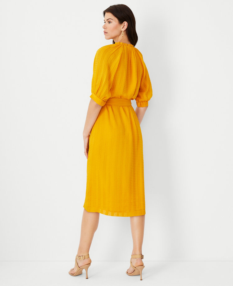 Mustard top Bold Print Puff Sleeve Cotton Midi Shirt Dress