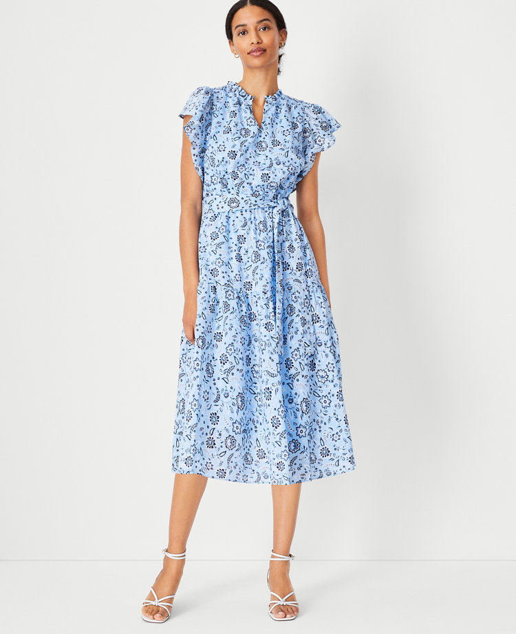 Floral Flutter Sleeve Belted Flare Dress