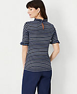 Petite Striped Ruffle Neck Elbow Sleeve Top carousel Product Image 2