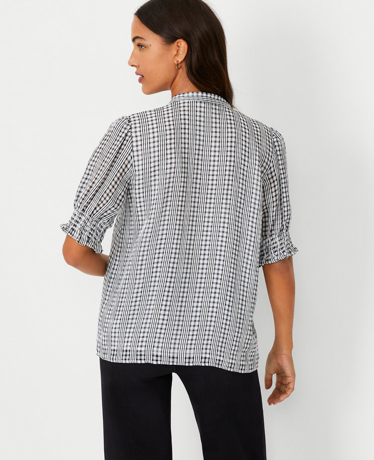 Plaid Print V-neck puff sleeve main image 1