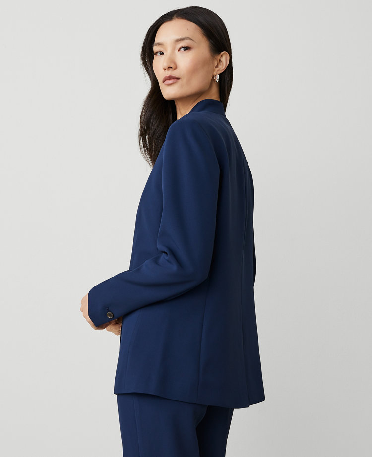 The Petite Long Fitted Notched One Button Blazer in Fluid Crepe