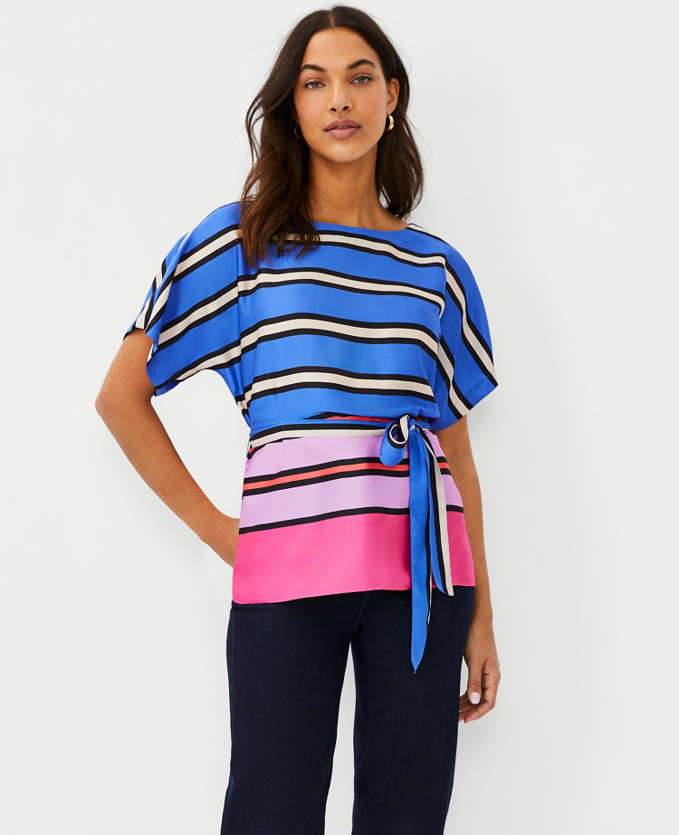 Petite Stripe Belted Dolman Sleeve Top