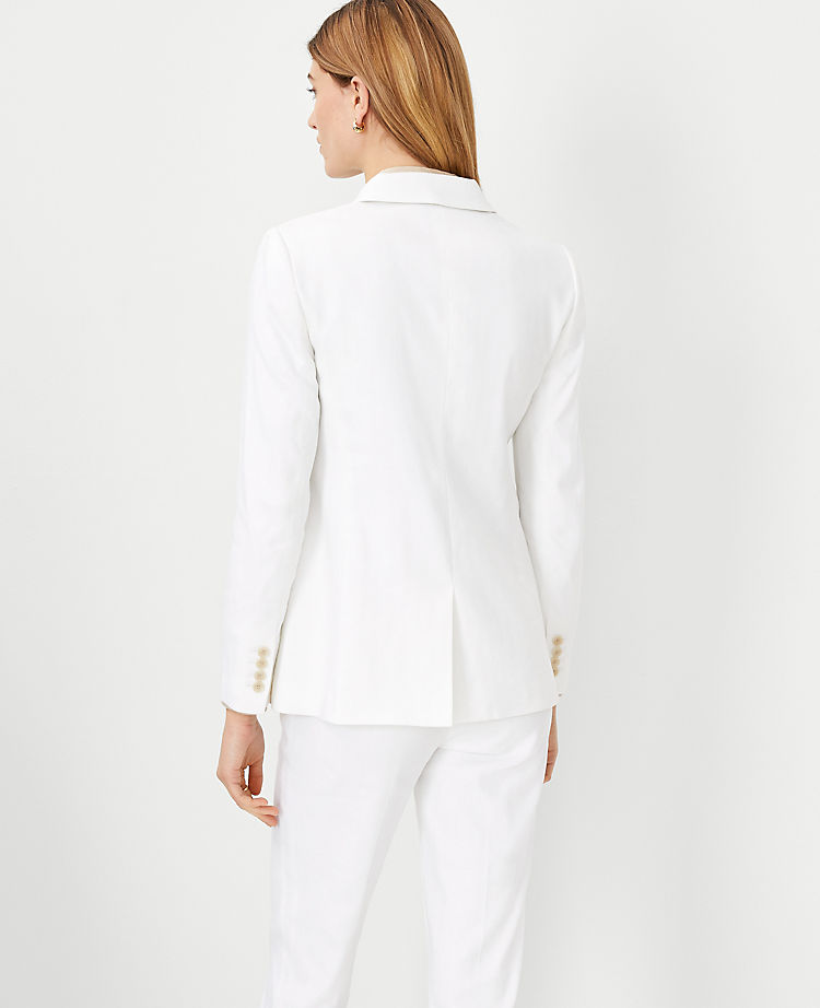 The Petite Long Notched One Button Blazer in Herringbone Linen Blend