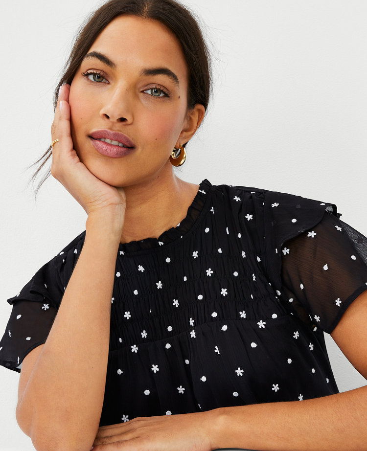 Floral Embroidered Smocked Yoke Blouse