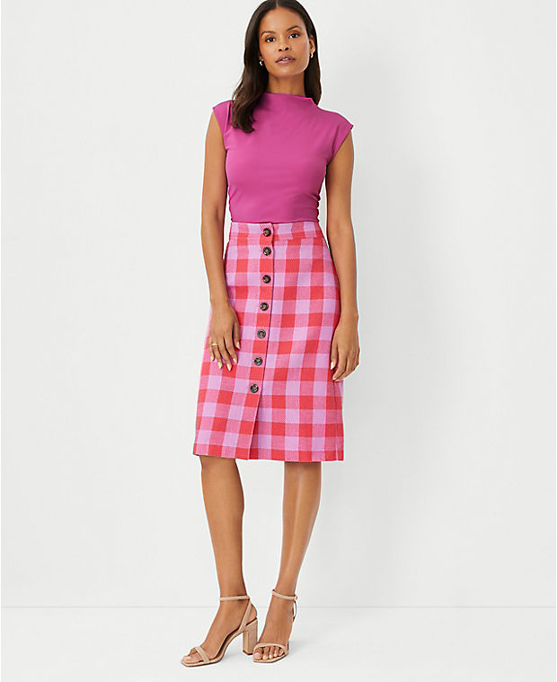Petite Plaid Button Front A-Line Skirt