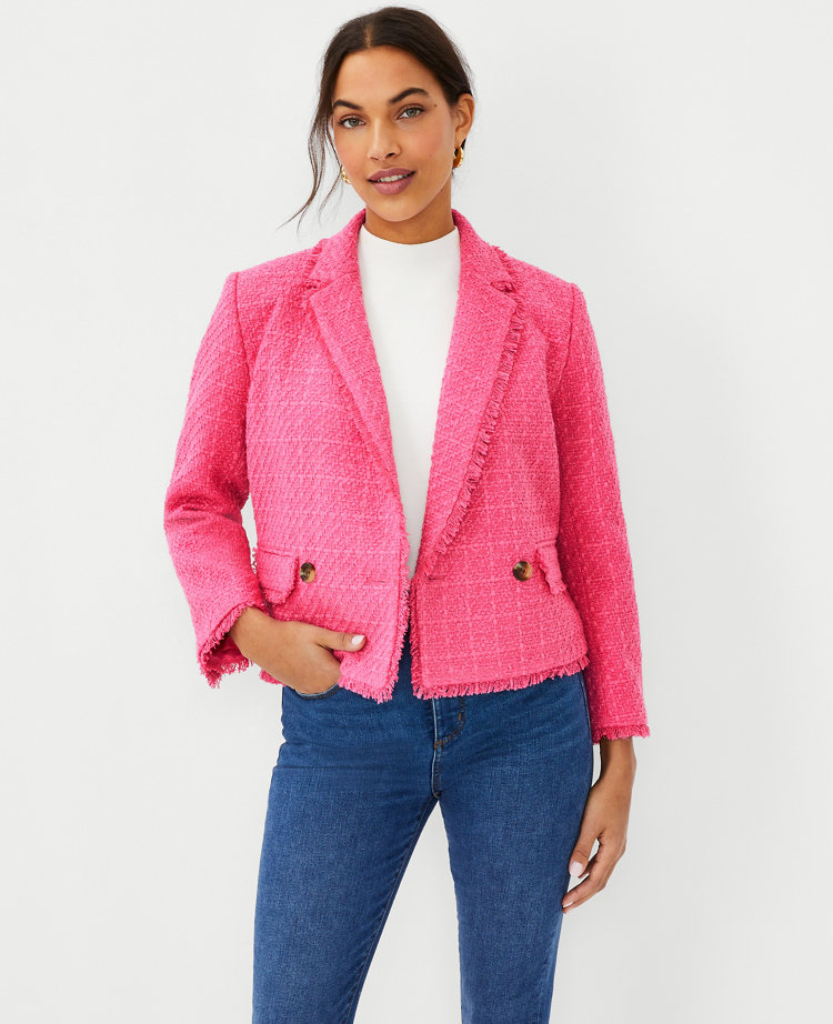 Petite Fringe Tweed Double Breasted Jacket