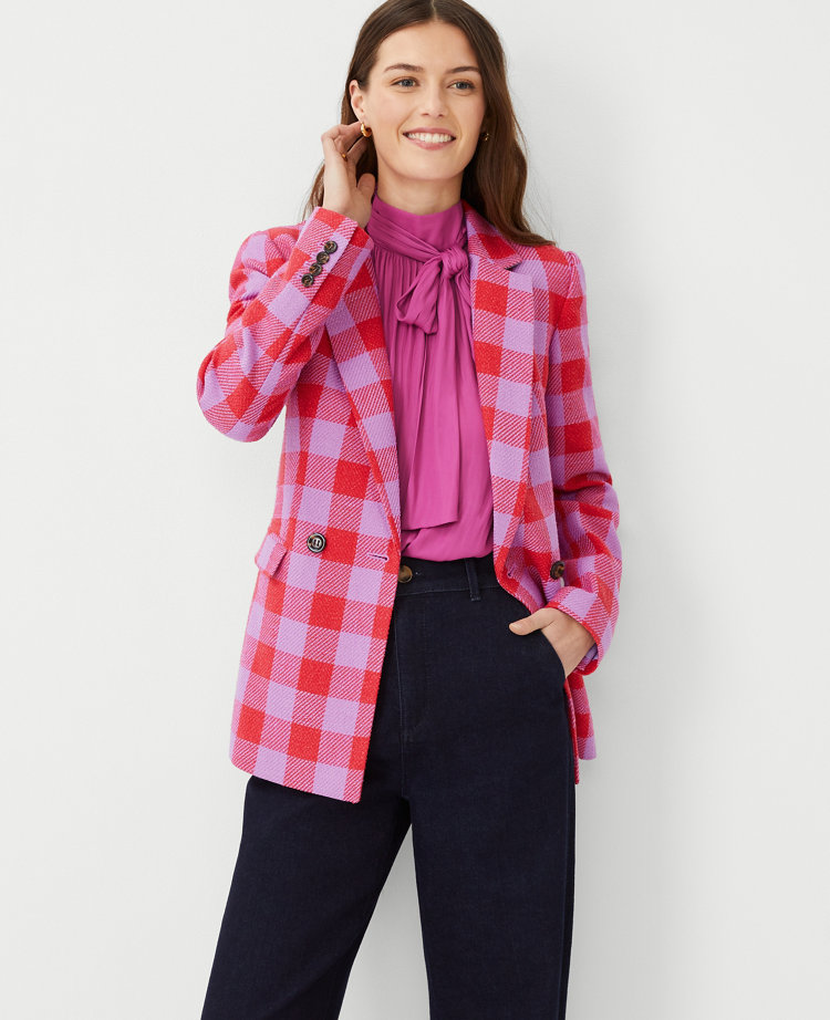 The Petite Double Breasted Long Blazer in Plaid