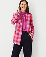 The Petite Double Breasted Long Blazer in Plaid carousel Product Image 1