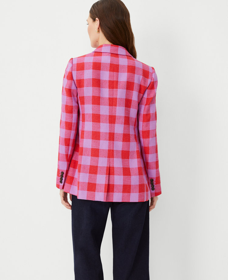 The Petite Double Breasted Long Blazer in Plaid