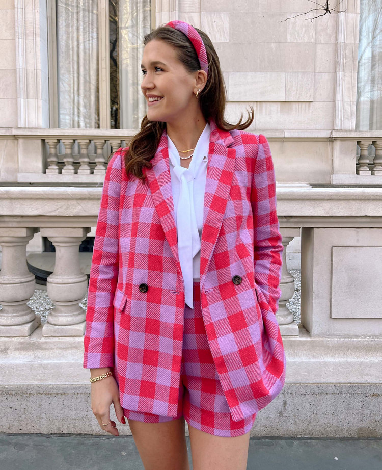 The Petite Double Breasted Long Blazer in Plaid