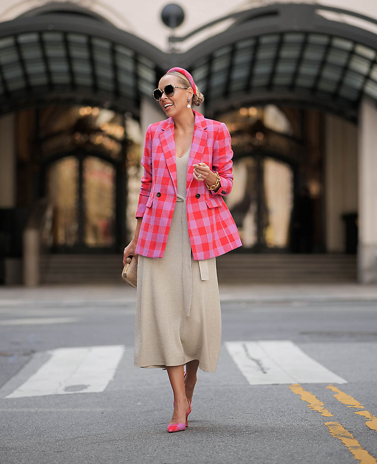 The Petite Double Breasted Long Blazer in Plaid
