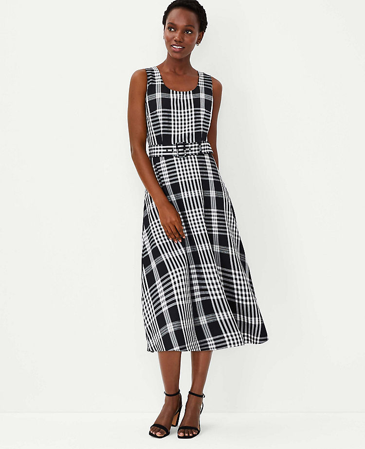 Petite Plaid Belted Flare Dress