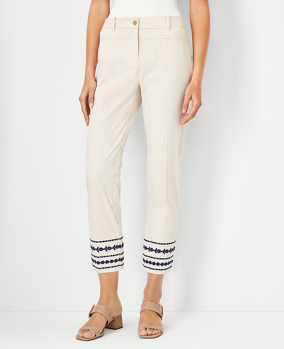 The Petite Cotton Crop Pant in Floral Embroidered Stripe