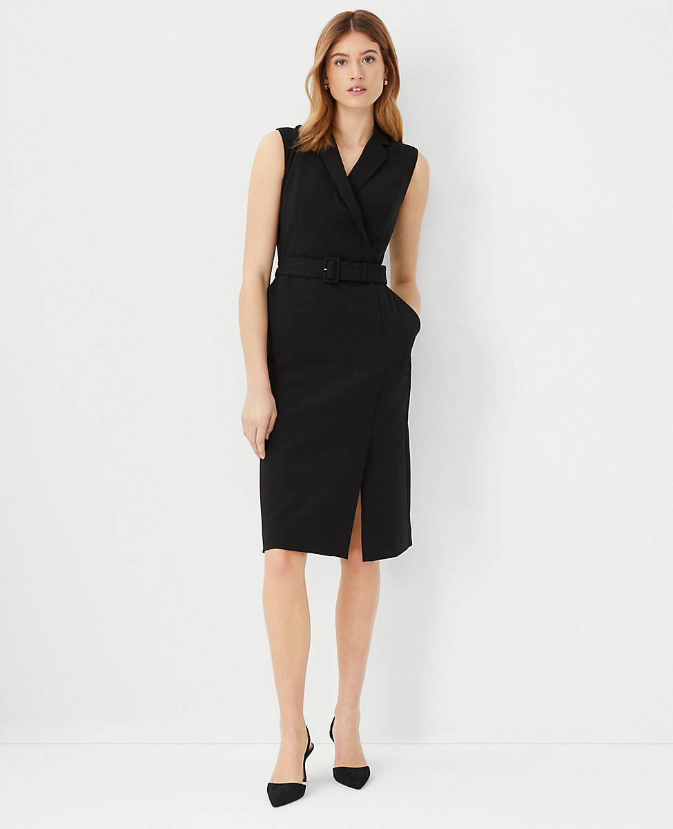 Petite Belted Lapel Flare Dress