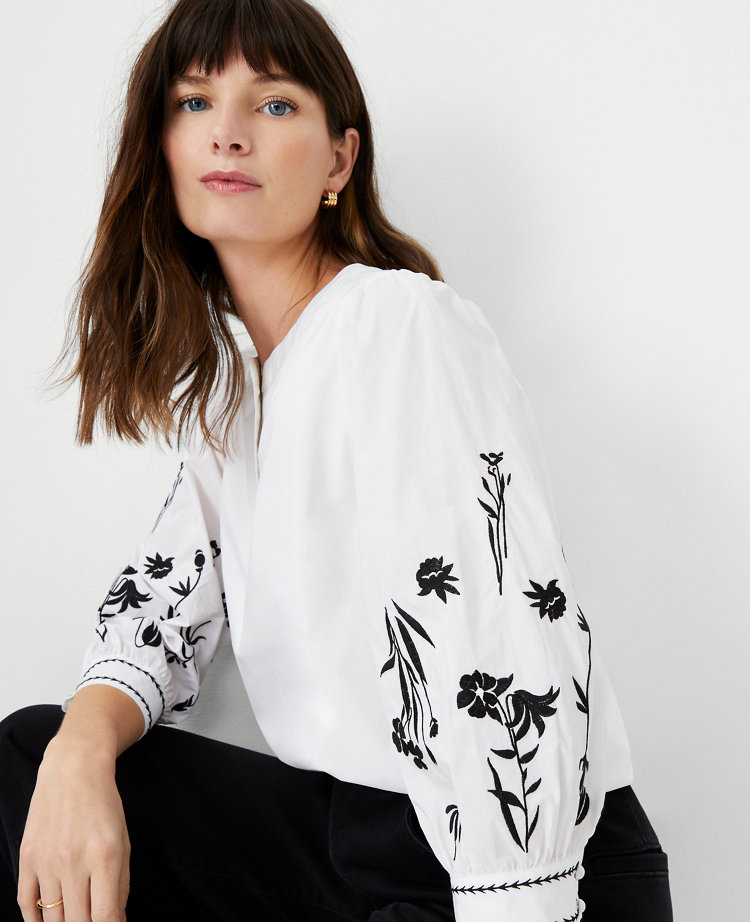 SADIE BLUSH EMBROIDERED SPLIT V-NECK SHIRT main image 1