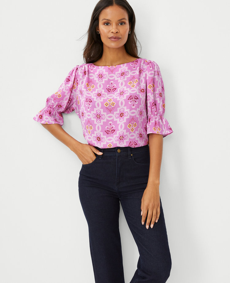 Ann Taylor Petite Tile Print Mixed Media Puff Sleeve Ruffle Top In Frosty  Magenta