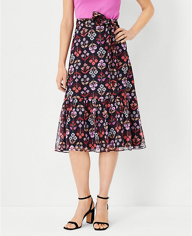 Floral Tie Waist Flounce Midi Skirt