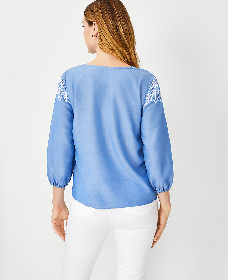 Embroidered Chambray Top