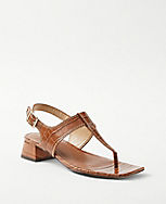 Embossed Leather T-Strap Mid Block Heel Sandals carousel Product Image 1