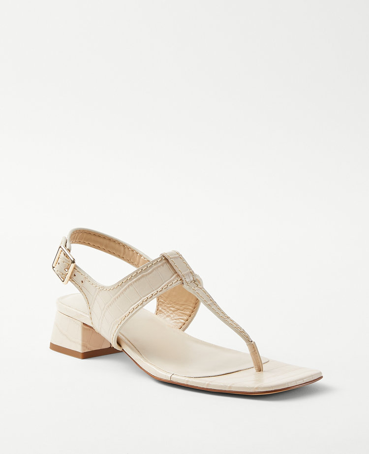 Embossed Leather T-Strap Mid Block Heel Sandals