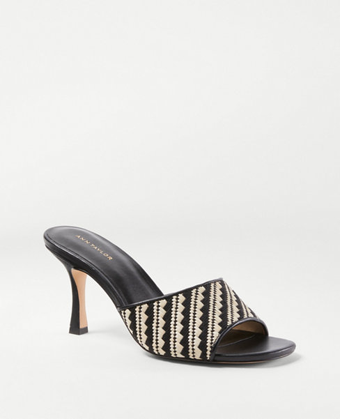 Woven Straw and Leather Mid Heel Mule Sandals