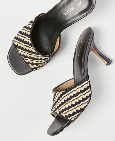 Woven Straw and Leather Mid Heel Mule Sandals