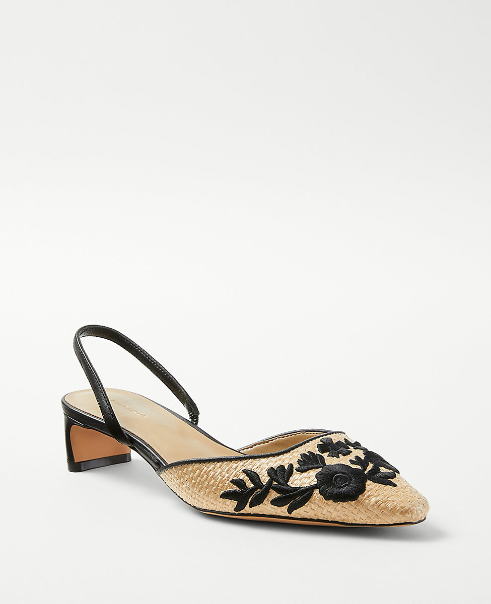Embroidered Straw Blade Heel Slingback Pumps
