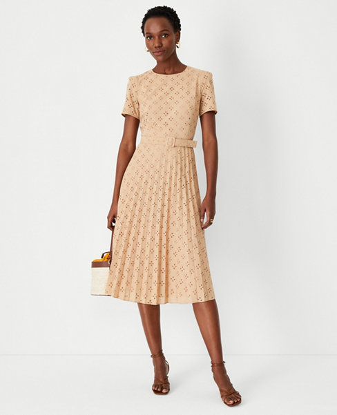 Eyelet Pleated Belted Dress