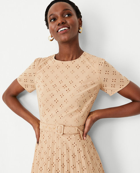 Eyelet Pleated Belted Dress