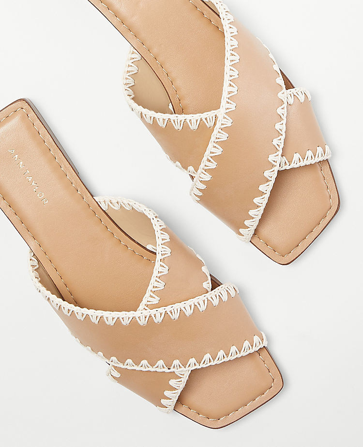 Crossover Stitched Leather Slide Sandals