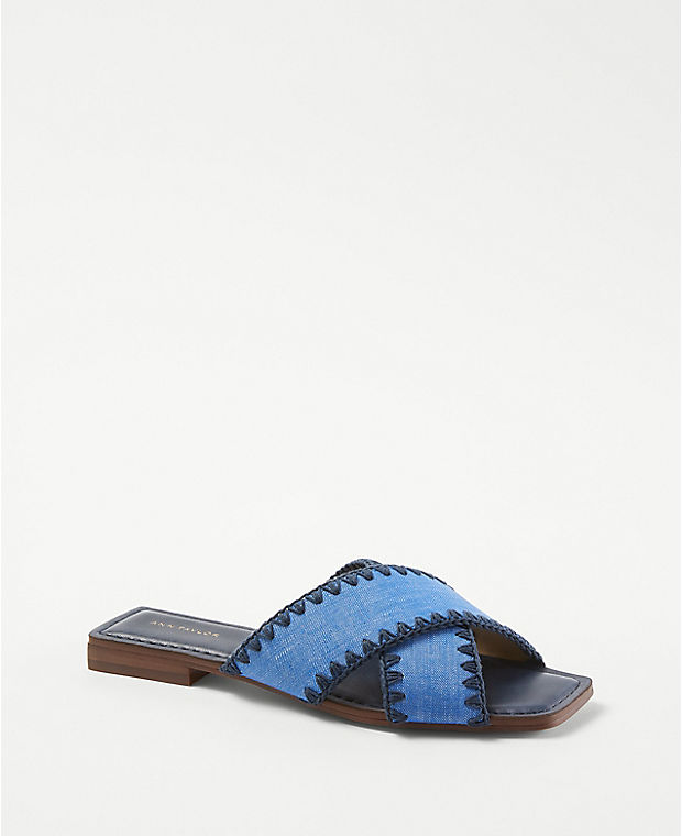 Crossover Stitched Denim Slide Sandals