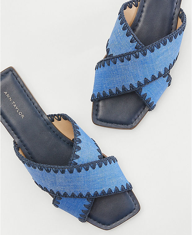 Crossover Stitched Denim Slide Sandals