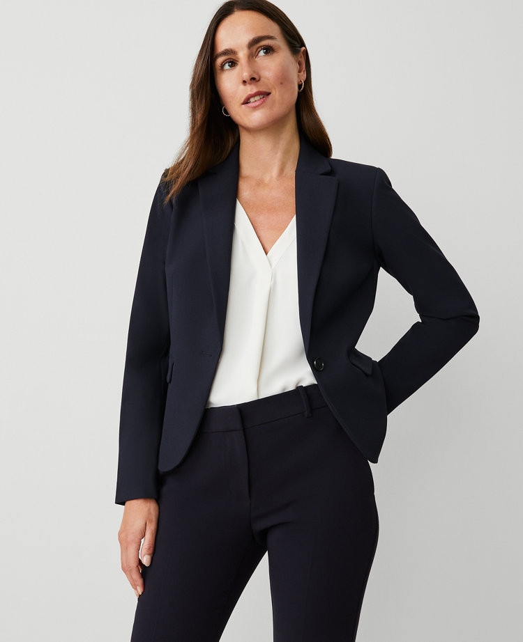 Ann Taylor The Petite Notched One Button Blazer In Seasonless Stretch In Deep Navy Sky