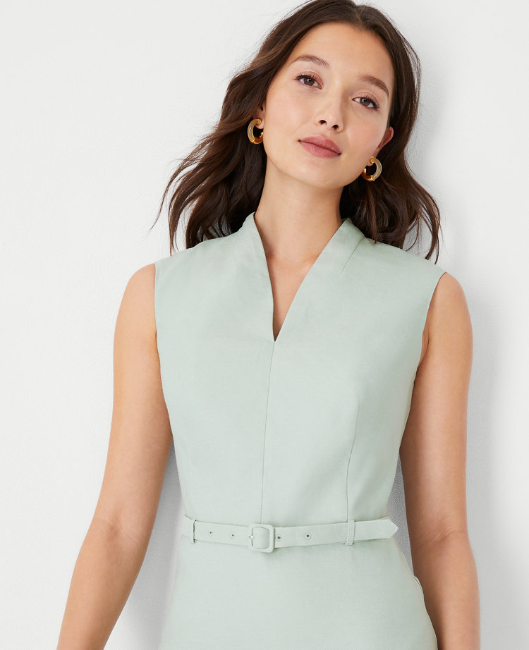 RACHEL ZOE Linen Short Sleeve Belted V-neck Midi Dress