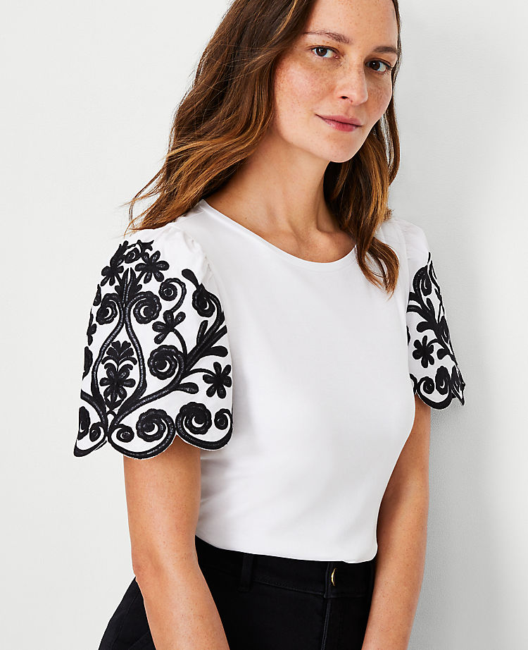 Floral Embroidered Sleeve Tee
