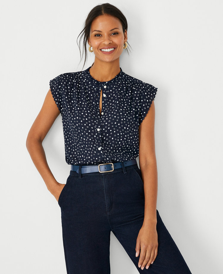Spotted Scalloped Mixed Media Button Top