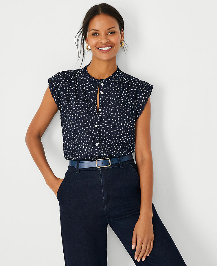 Spotted Scalloped Mixed Media Button Top