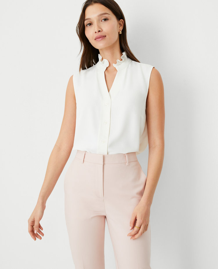 Ann Taylor Ruffle Neck Button Top