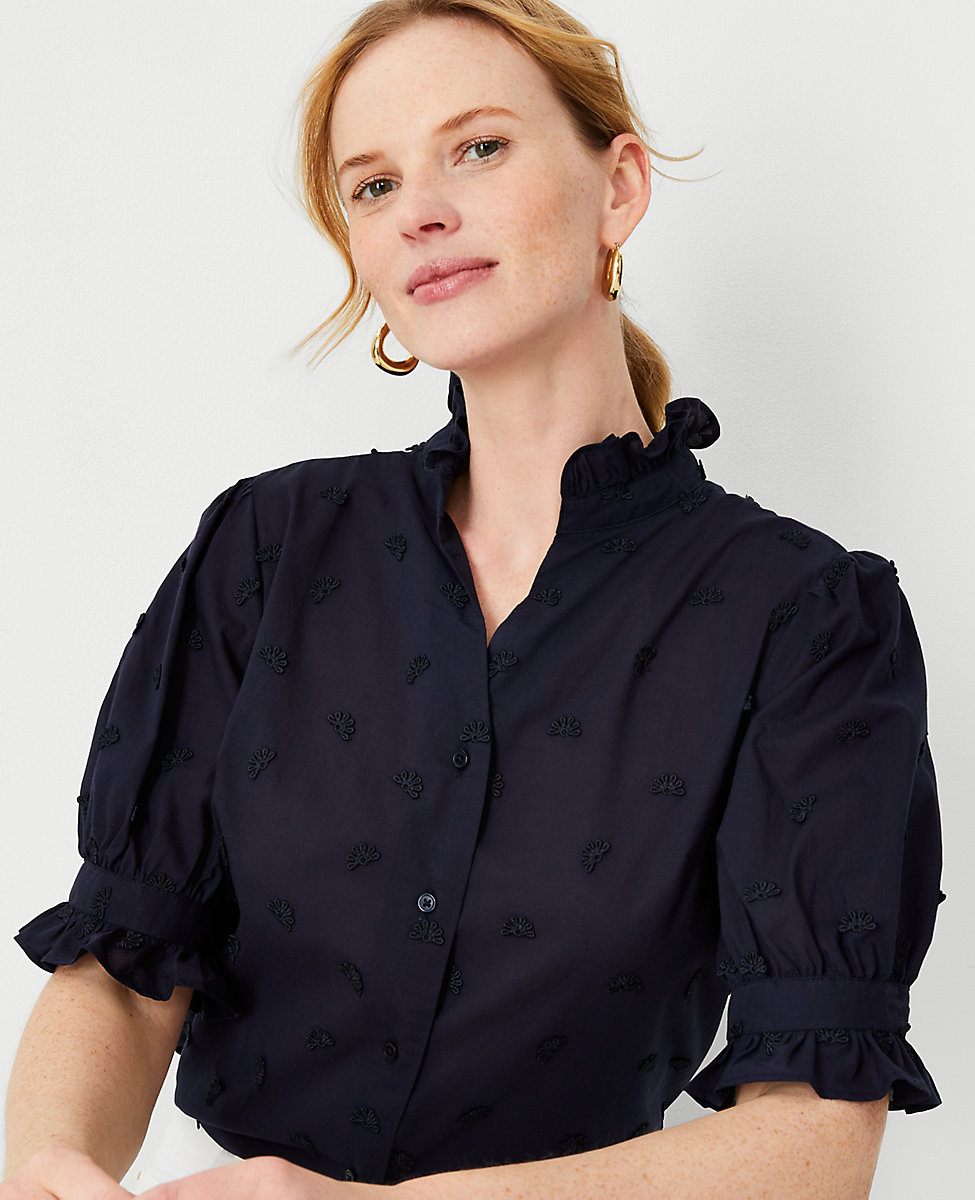 Embroidered Ruffle Button Top