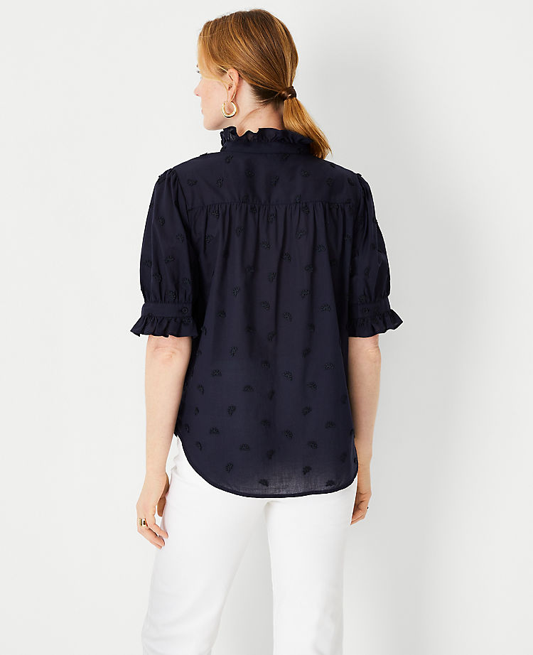 Embroidered Ruffle Button Top